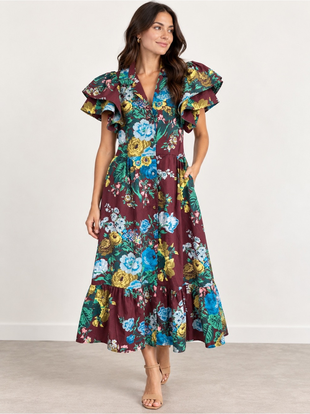 NWT Tuckernuck Alice Merlot Sharp Floral Ruffle Midi Dress Size S